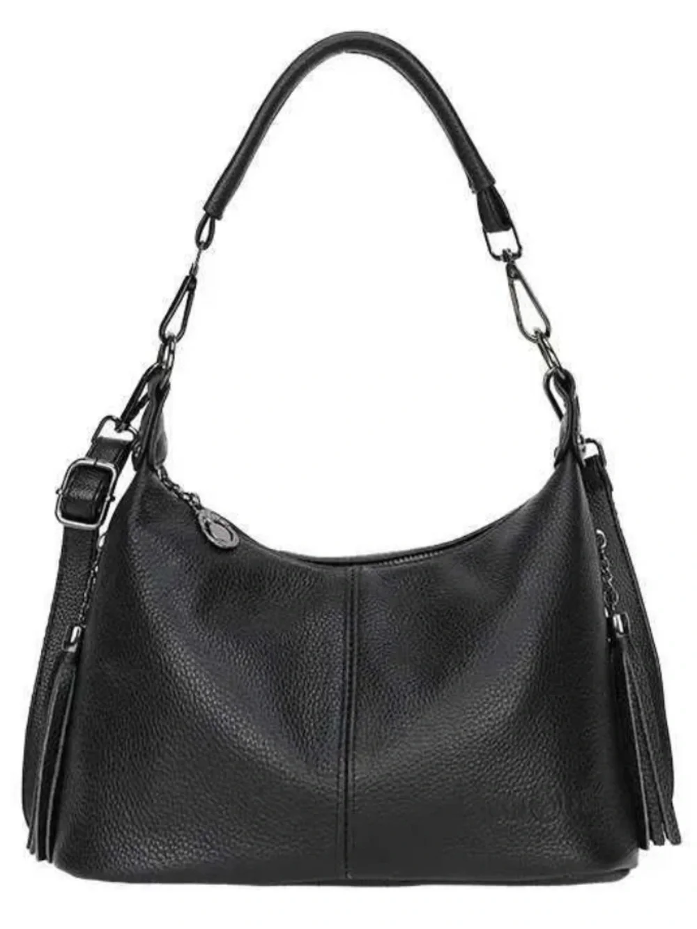 Black Pebbled Leather Tassel Hobo Slouchy Shoulder Bag NWT